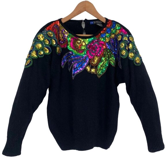 Vintage Sequin Sweater IB Diffusion Silk Angora Blend PS Black Shoulder Pads - Picture 1 of 12